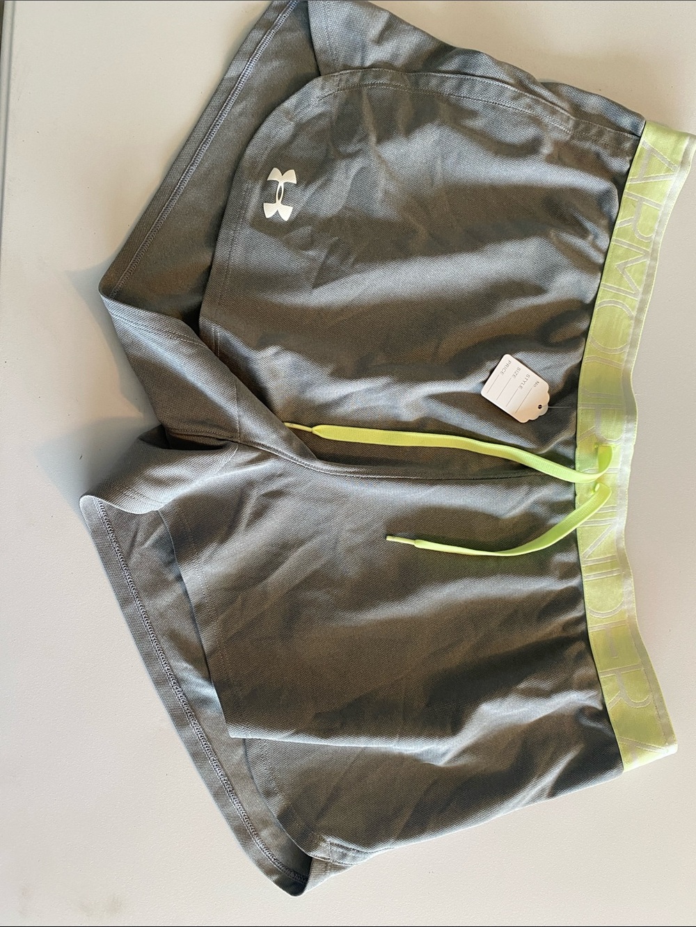 Under Armour womens Gray Athletic Shorts with Lime Accent Waistband